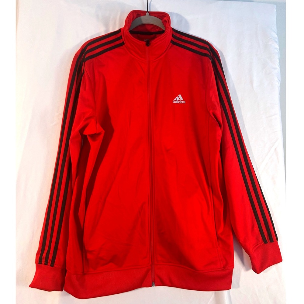 Adidas Mens Track Jacket Red Black 3 Stripe Full Zip Large Athletic Sportswear